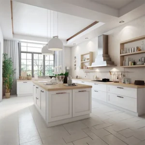 ترکیب کابینت سفید و دیوارپوش چوبی برای ایجاد فضایی گرم
