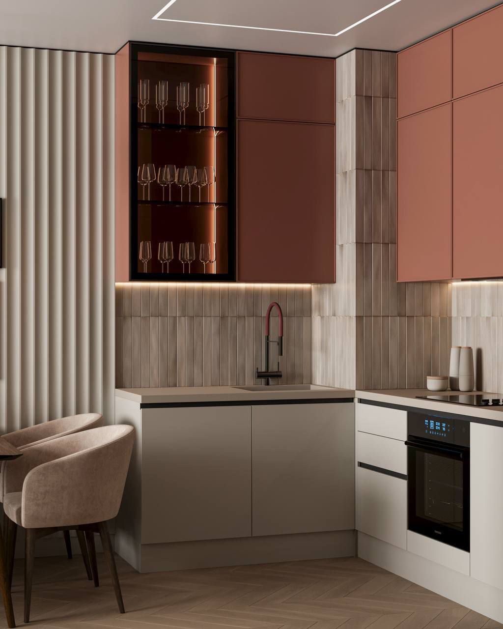کابینت مدرن با طراحی مینیمال و ترکیب رنگ قهوه‌ای و بژ در آشپزخانه‌ای شیک و امروزی