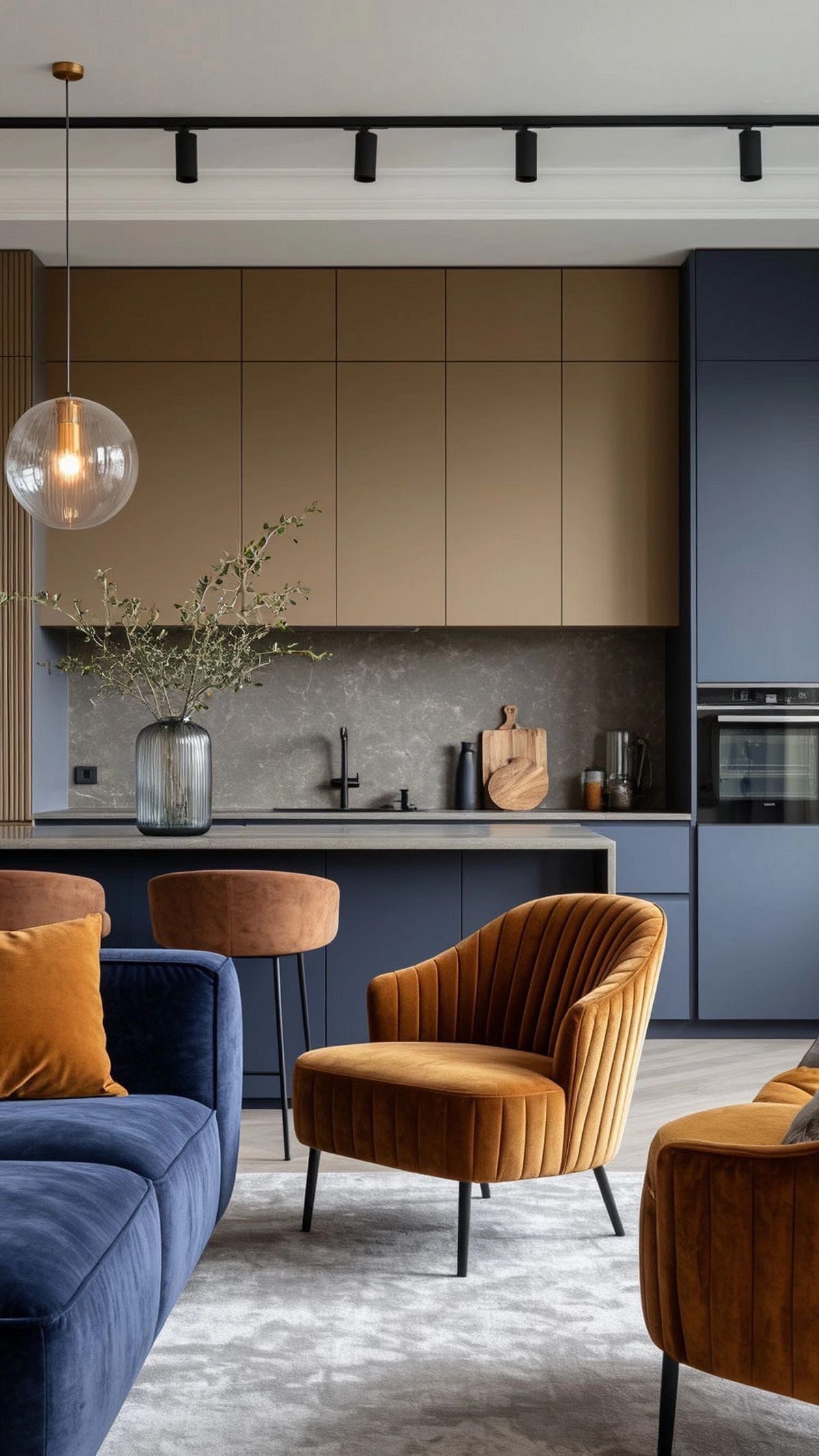 کابینت مدرن با رنگ‌های سرمه‌ای و قهوه‌ای روشن در دکوراسیون آشپزخانه و نشیمن یکپارچه