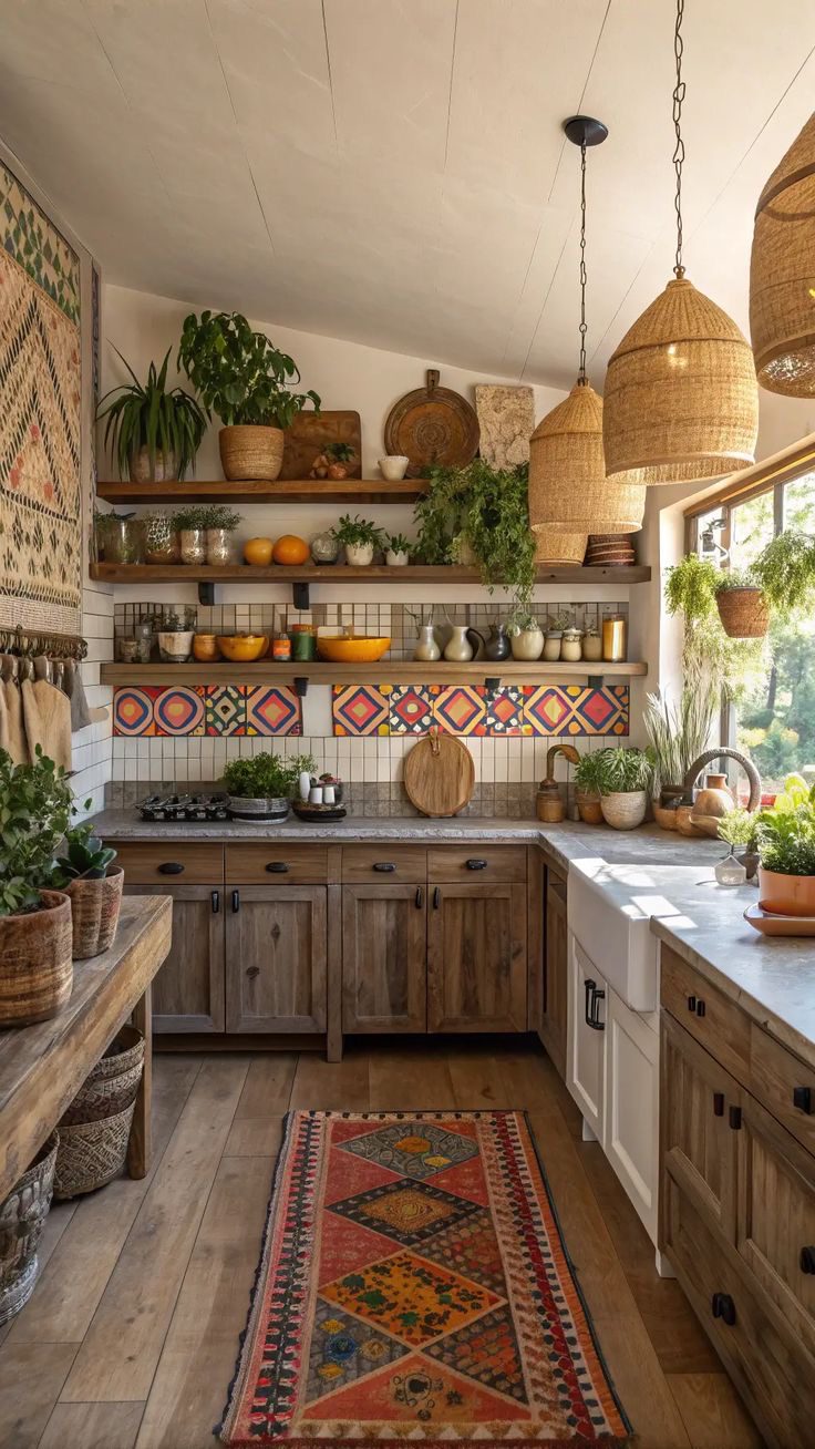 آشپزخانه بوهمیایی رنگارنگ با کابینت چوبی، قفسههای باز، کاشیهای هندسی و فرش سنتی