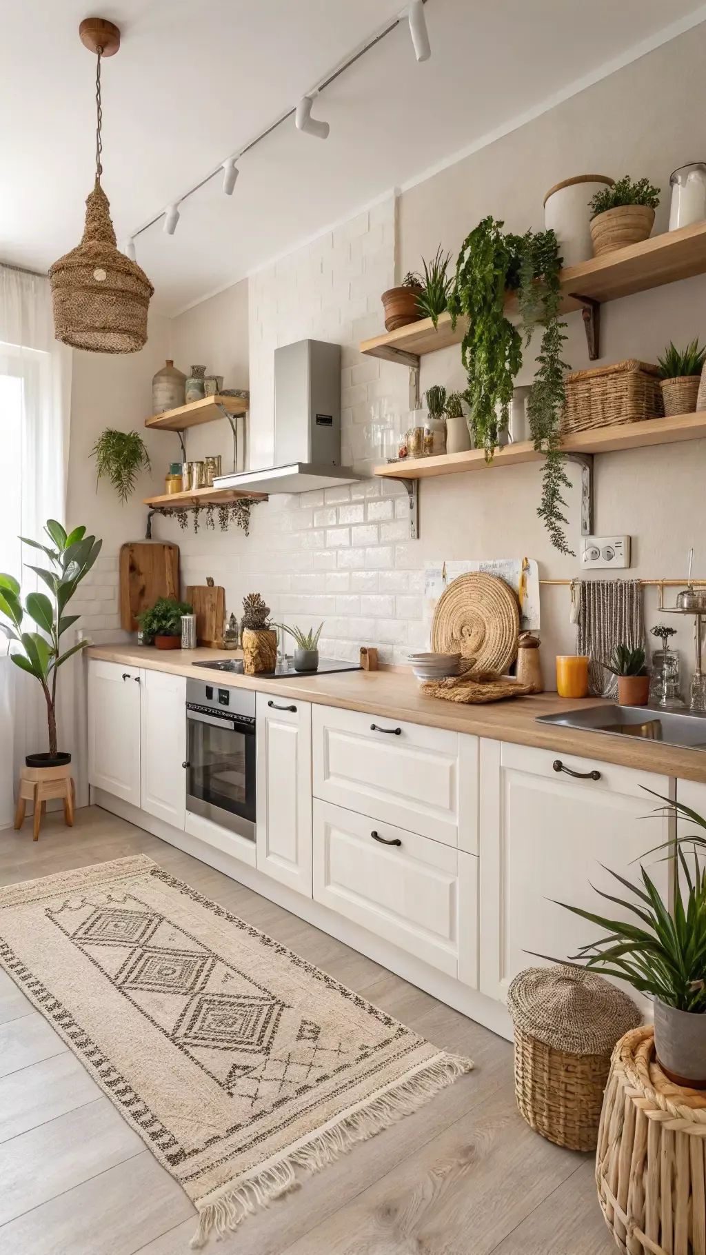 آشپزخانه بوهو روشن با کابینت سفید، صفحه چوبی، قفسههای باز و گیاهان آپارتمانی