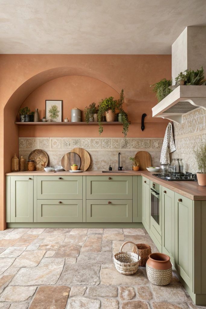 آشپزخانه بوهمیایی با کابینت سبز ملایم، دیوار گلی گرم، کف سنگی و سبدهای حصیری و گیاهان