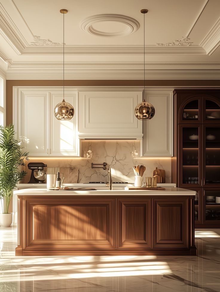 آشپزخانه ایتالیایی کلاسیک لوکس با جزیره چوبی، صفحه مرمر و لوسترهای آویز طلایی