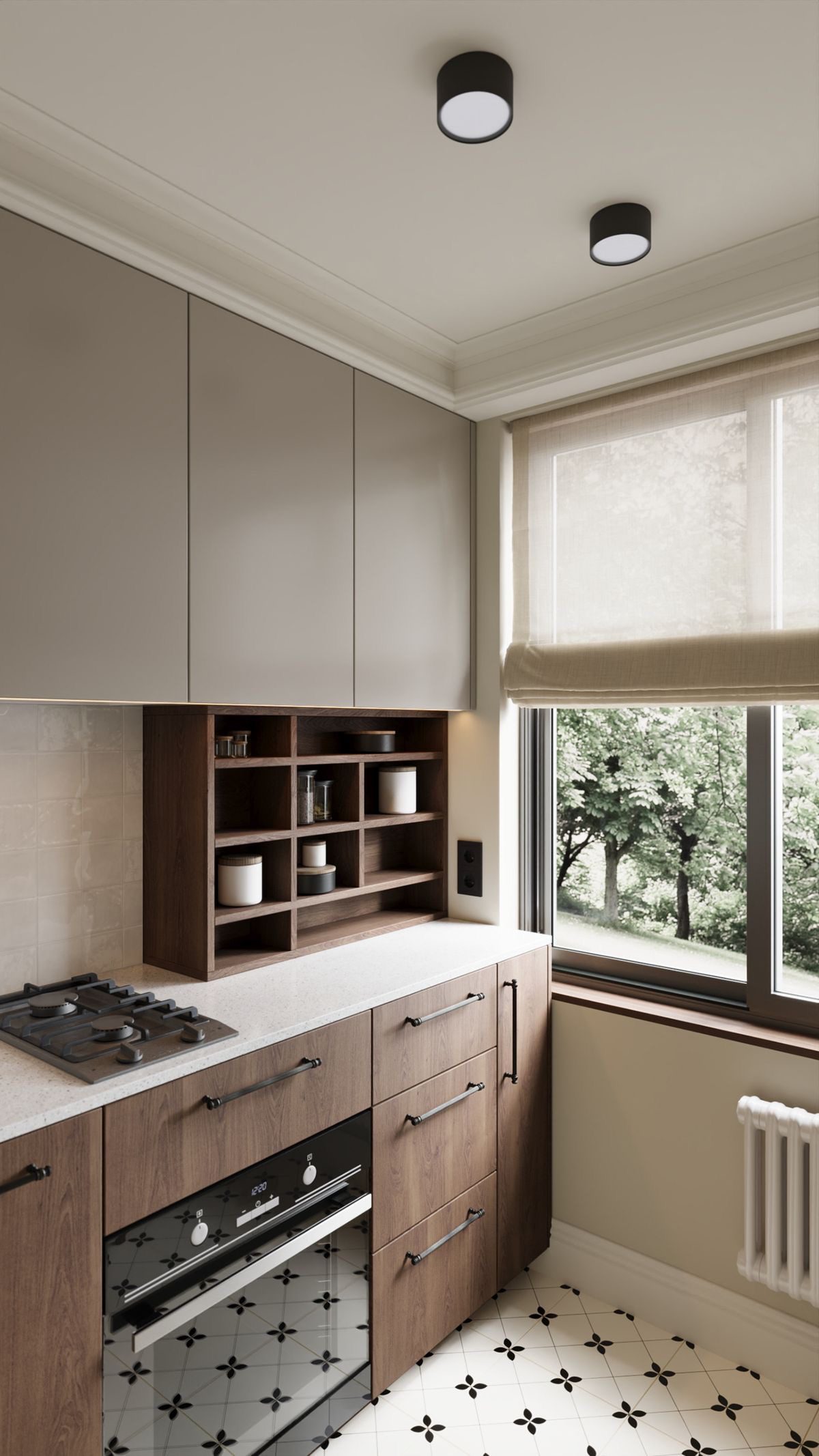 کابینت کلاسیک چوبی پرکار با ستون و سرستون منبت‌کاری شده - نمونه‌ای از گران‌ترین سبک کابینت آشپزخانه