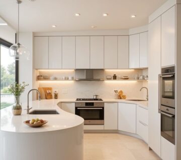 کابینت جزیره منحنی مدرن با ترکیب رنگ سفید و چوب - مدل کابینت هلالی برای آشپزخانه امروزی