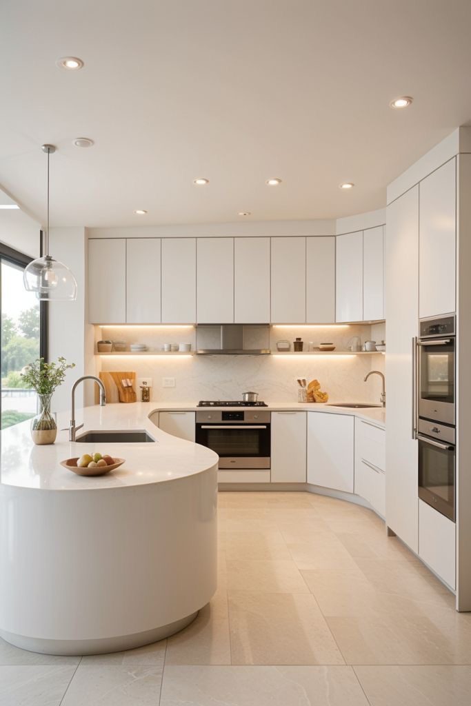 کابینت جزیره منحنی مدرن با ترکیب رنگ سفید و چوب - مدل کابینت هلالی برای آشپزخانه امروزی