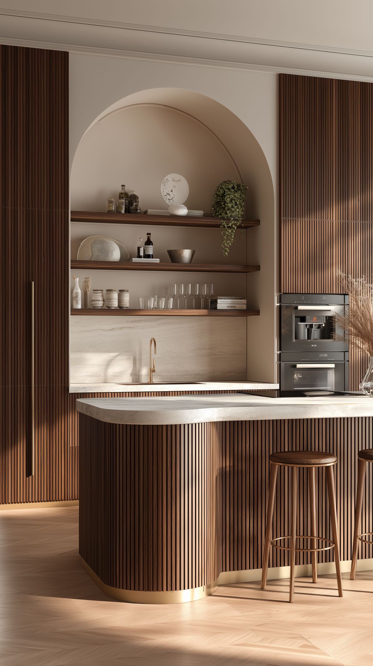 آشپزخانه لوکس با کابینت خمیده به رنگ تیره - مدل کابینت جزیره منحنی و دیواری هماهنگ
