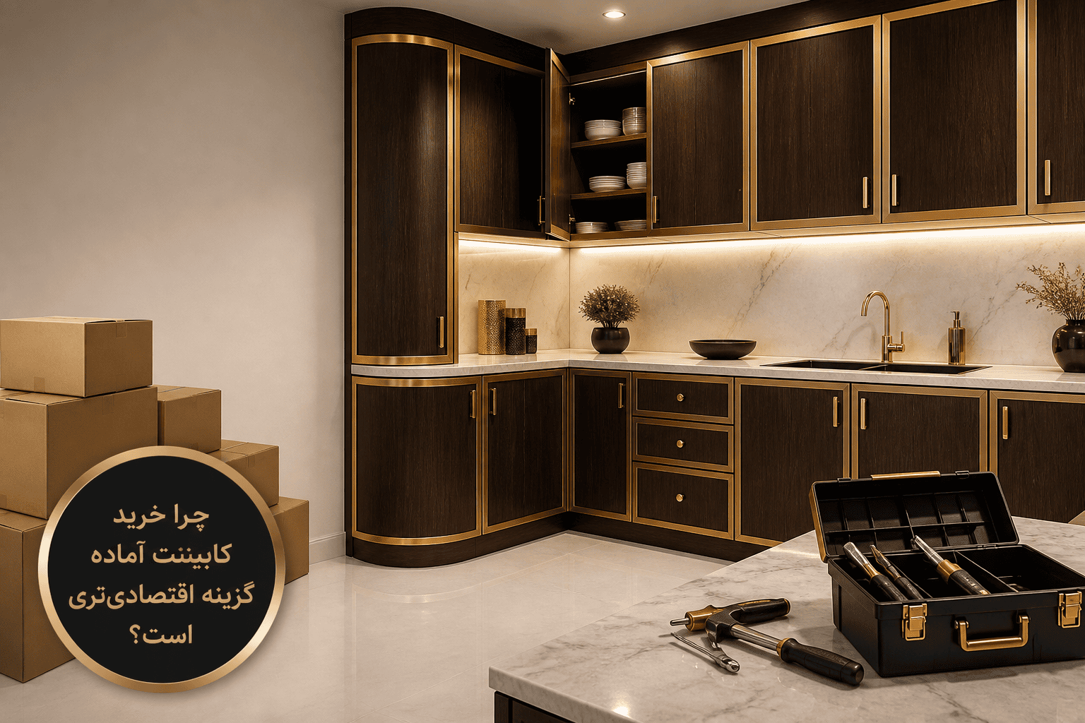 کابینت آشپزخانه آماده با طراحی مدرن و رنگ‌های جذاب، گزینه‌ای اقتصادی برای صرفه‌جویی در هزینه‌ها و نصب سریع.