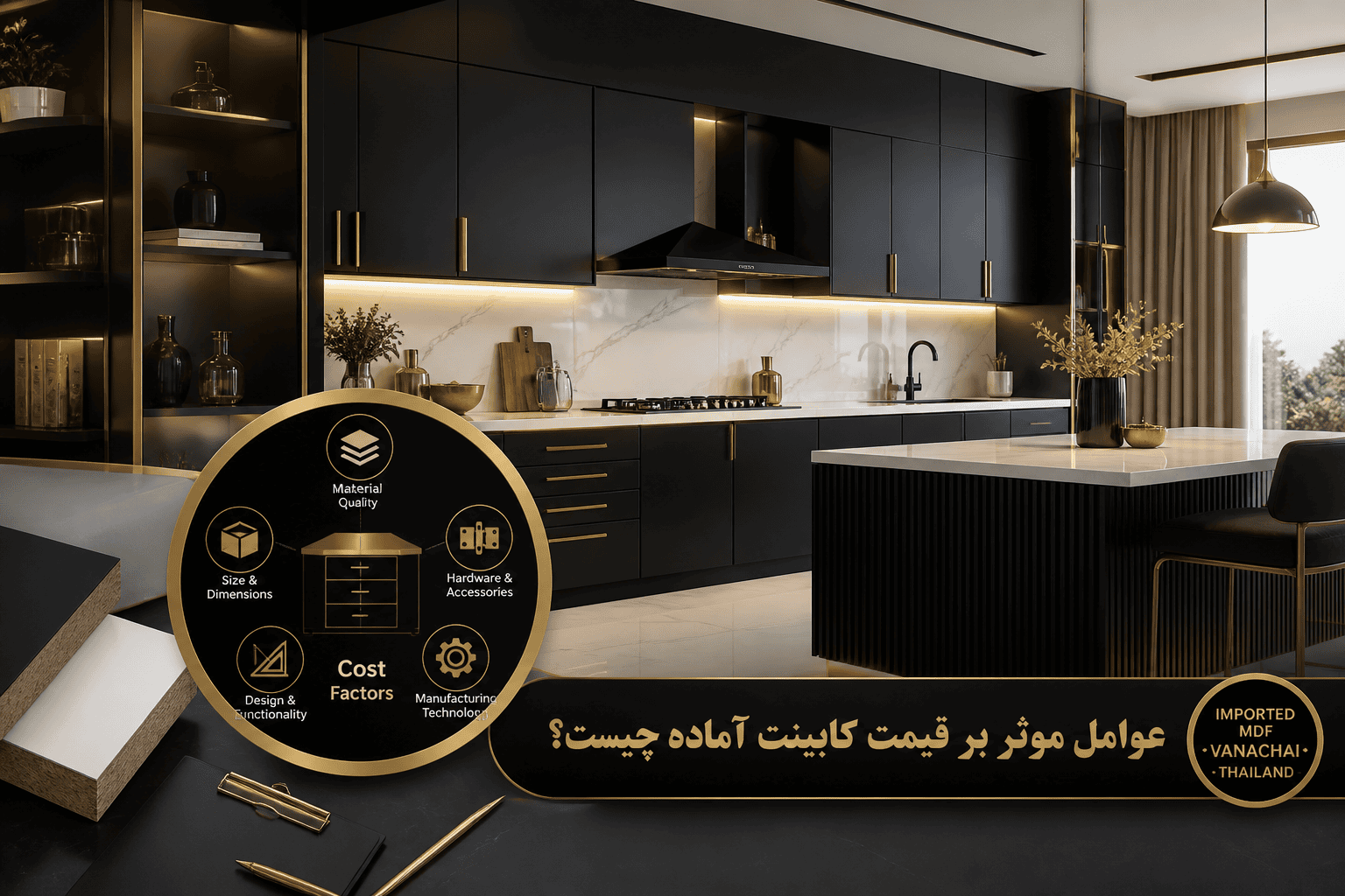 عوامل موثر بر قیمت کابینت آشپزخانه شامل جنس متریال، طرح و مدل، تعداد یونیتها و خدمات نصب است.