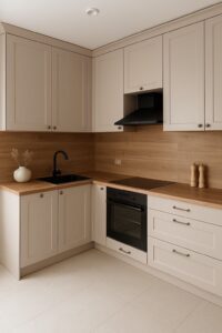 طراحی آشپزخانه مینیمال با کابینت ارزان کرمرنگ و سینک مشکی